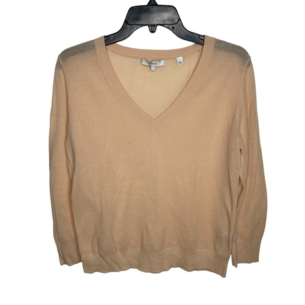 Vince Pale Yellow Beige Cotton Knit V Neck 3/4 Sleeve Sweater